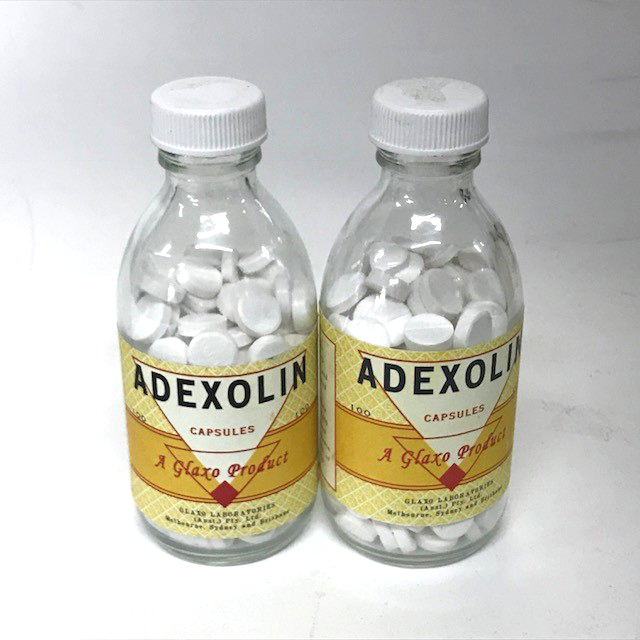 BOTTLE, Medical Brown Glass 15cmH - Adexolin Label